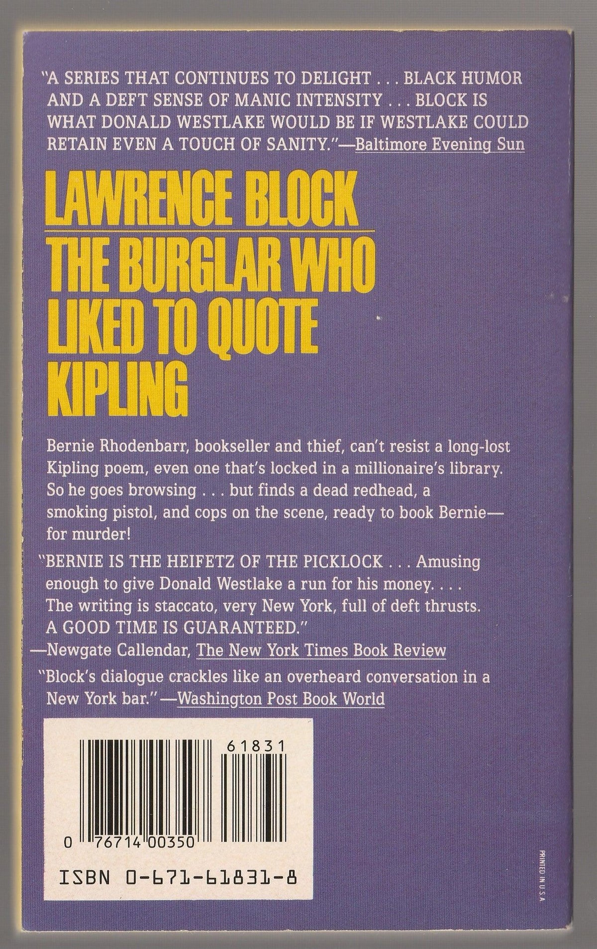 The Burglar Who Liked to Quote Kipling Crime Fiction Detective Fiction Humor mystery mystery thriller used Books