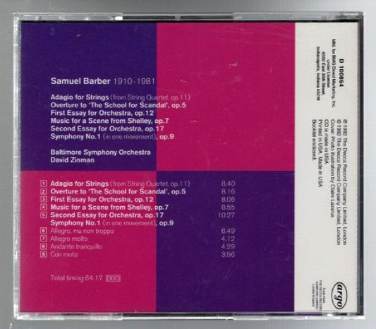Barber Adagio Symphony no. 1 Classical Music Orchestra CD