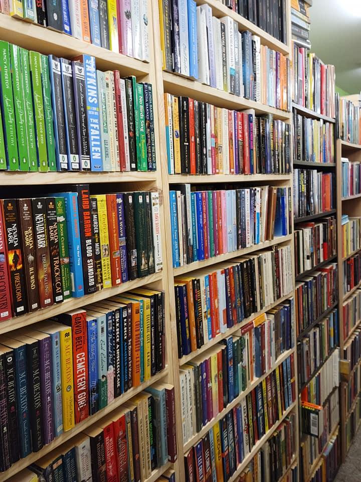 Books sitting on a book shelf.