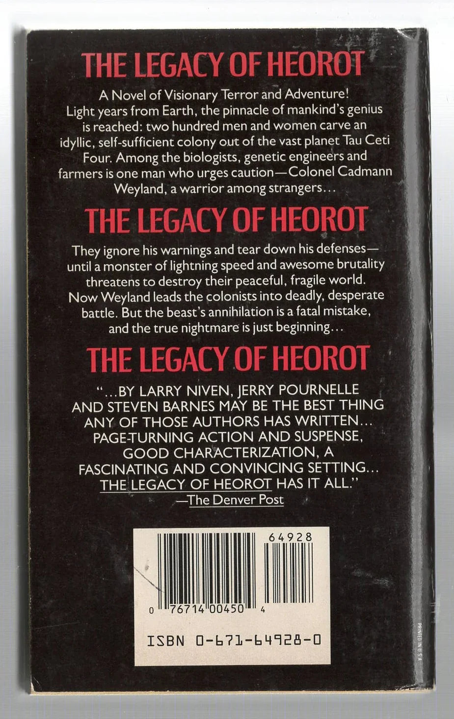 The Legacy of Heorot Adventure Aliens horror science fiction Science Fiction Fantasy Space Opera used Books